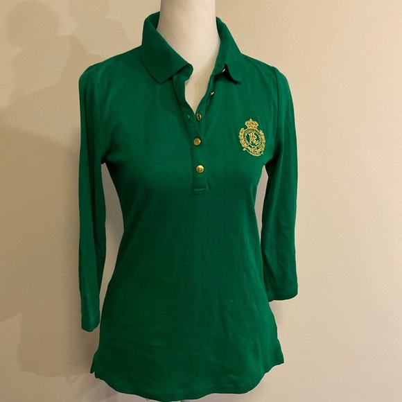 Lauren Ralph Lauren cotton green blouse with 3/4 sleeves, 1/4 button up size M - Picture 1 of 9